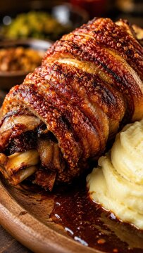 Roasted pork knuckle with mashed potatoes and gravy