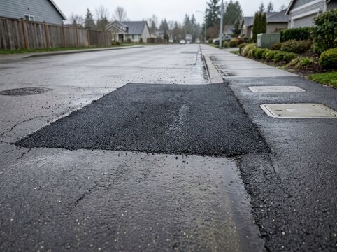 Road repair work with fresh asphalt on a residential street during a cloudy day