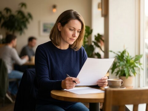 Woman reading papers and writing notes at cafe during daytime