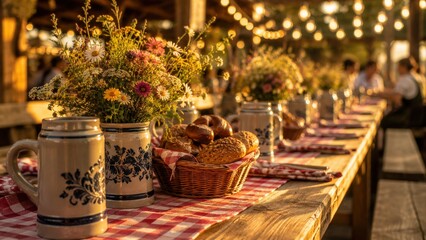 Obraz premium Long Festival Table Set with Beer Steins Bread and Wildflowers