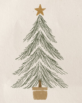 Hand-drawn Christmas tree with golden star