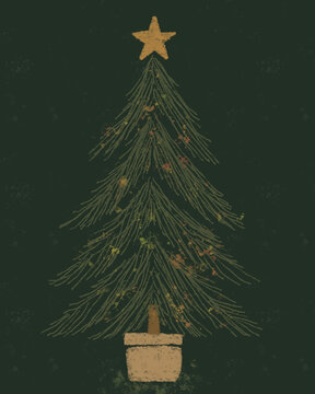 Minimalist Christmas tree illustration with gold star