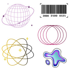 Modern Y2K abstract graphic elements set vector illustration with wireframe globe barcode geometric circle rings atomic orbit and liquid fluid blob shape bundle clipart isolated © Teeni22