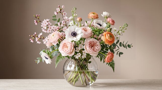 Elegant Pastel Spring Flower Bouquet in Glass Vase with Floral Arrangement