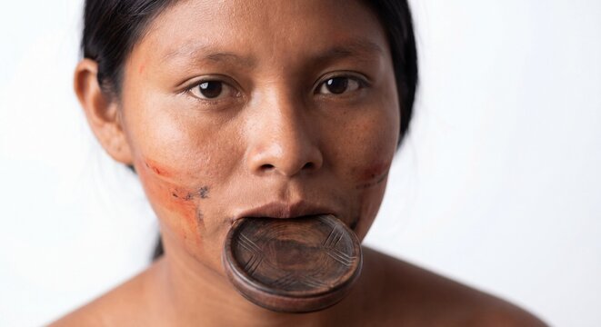 Portrait of an Indigenous Woman Wearing a Traditional Wooden Lip Plate and Facial Body Paint.