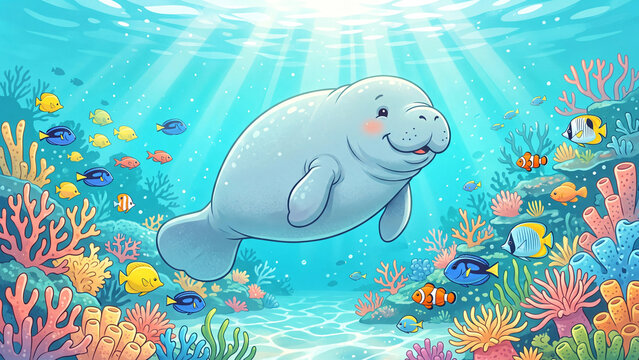Manatee Cartoon Swimming in Colorful Underwater Coral Reef