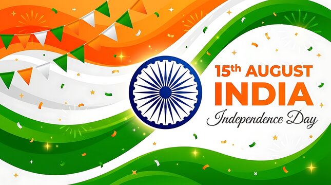 Abstract indian flag background design for happy independence day celebration with ashoka chakra and confetti
