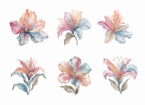 A high-resolution stock clipart sheet featuring six distinct pastel watercolor