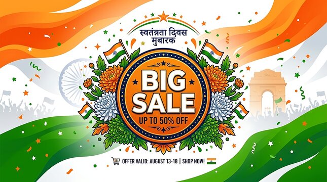 Big sale promotional banner design for happy independence day celebration in india with tricolor background