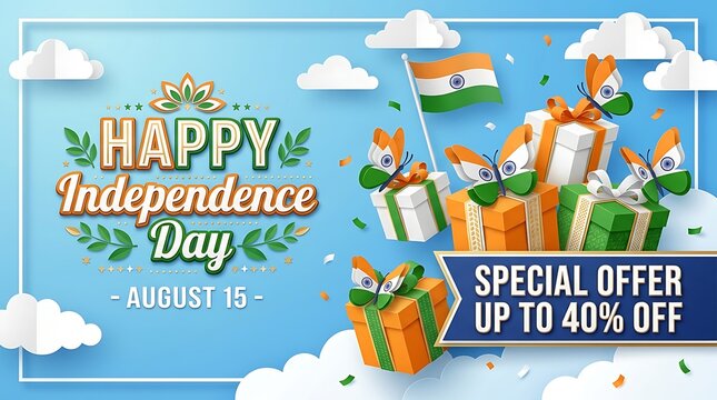Festive happy independence day india promotional banner with gift boxes and tricolor decorations for special sale