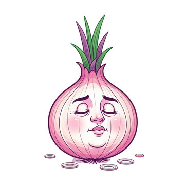 Onion character with closed eyes and blushing cheeks, layered vegetable face.