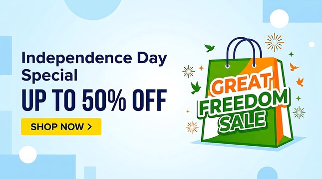 Happy independence day special offer banner with fifty percent discount and shopping bag illustration