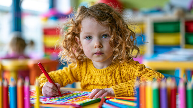 Confident child starting a new drawing project in a bright classroom, photorealistic scene showing initiative, creativity and self-expression