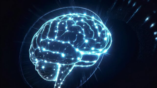 3D rendered human brain with glowing neural connections, intricate network of synapses and neurons, futuristic digital illustration, symbolizing cognitive processes, artificial intelligence