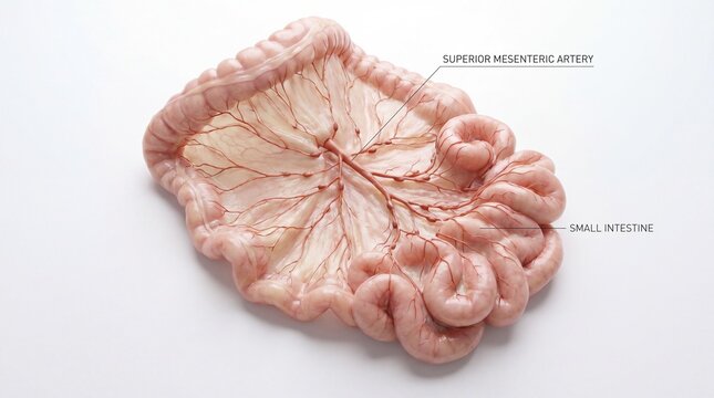 A detailed anatomical model of the human small intestine with labeled superior mesenteric artery.