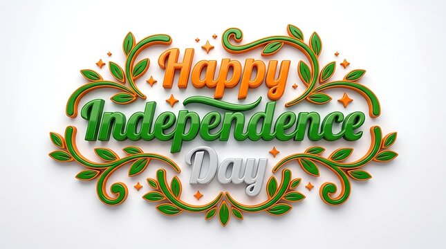 Decorative floral typography design for happy independence day celebration with vibrant colors and artistic leaves