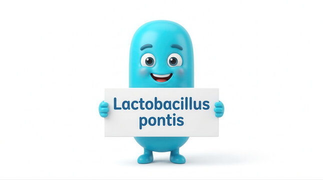 Cute cartoon character representing lactobacillus pontis holding a sign ideal for probiotic and microbiology themes