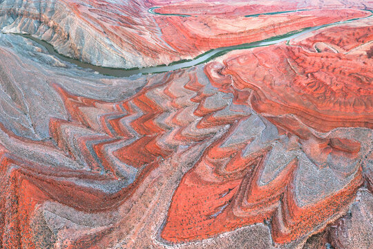 Aerial desert river canyon textures in Rio San Juan, Utah