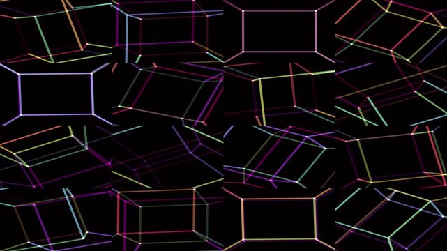 Glowing neon geometric shapes float and rotate in a seamless looping animation on a black background.