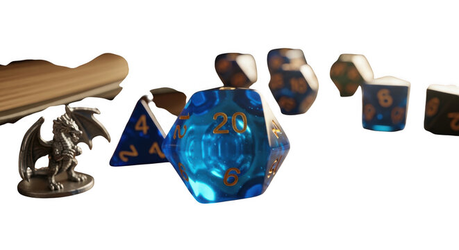 Blue rpg dice set and dragon toy isolated on transparent background
