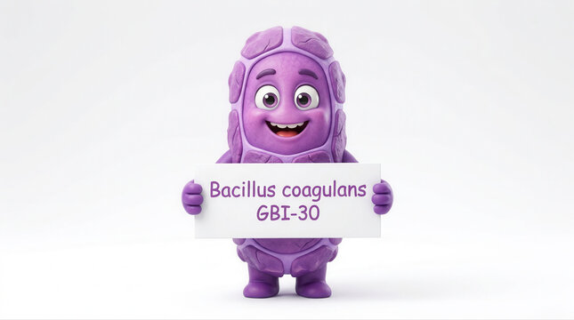 Cheerful cartoon microbe character holding sign for bacillus coagulans probiotic gbi 30 in vibrant colors