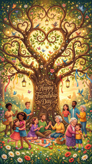 Fototapeta premium Happy Friendship Day 9:16 Festive Greeting Design with Friends and Colorful Decorations