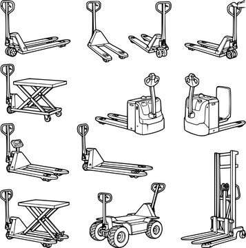 Black line warehouse pallet jack vector set, manual lifting trucks and logistics transport equipment isolated on white background