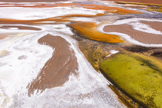 Aerial abstract salt lagoon patterns in Salar de Pujsa, Chile