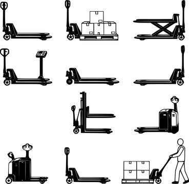 Black line warehouse pallet jack vector set, manual lifting trucks and logistics transport equipment isolated on white background