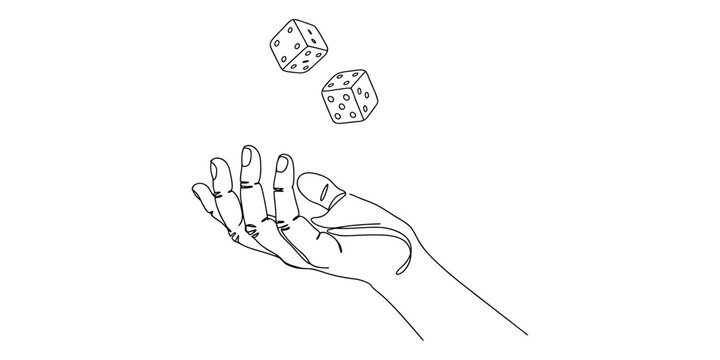 Hand throwing two dice illustration in minimalist black and white line art style