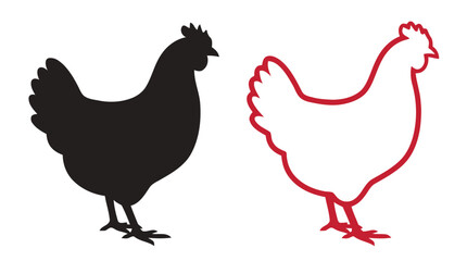 Chicken Silhouettes And Outline Black And Red On White Background © Mdarif