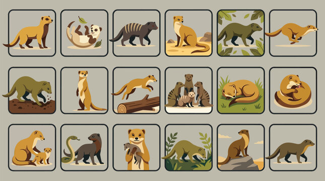 Set of flat vector illustrations depicting various cute mongooses in different poses, activities, and environments.