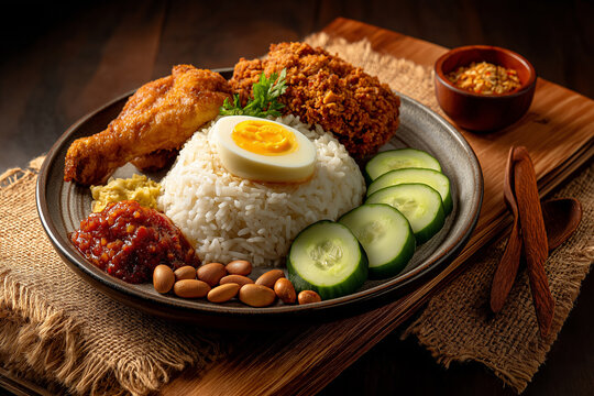 Nasi Lemak Brunei, Bruneian halal food, nasi lemak, Brunei Darussalam, halal cuisine, coconut rice, fried chicken, fried egg, cucumber slices, sambal, nuts, rice dish, Southeast Asian food, Malay cuis