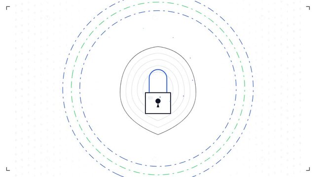 Digital security padlock icon with circular network ripples