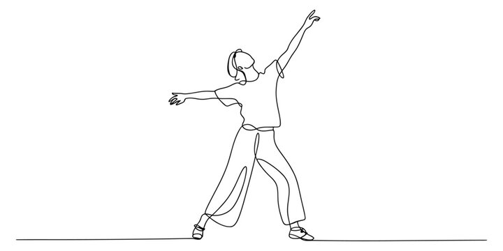 Continuous single line drawing of a woman dancing with arms raised in joy and freedom
