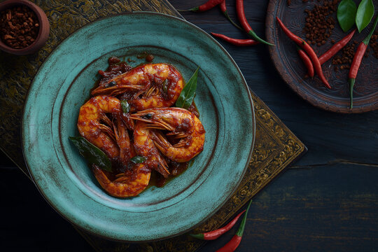 Authentic Bruneian Halal Udang Sambal with Chili and Copy Space