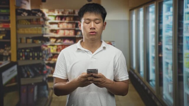 Young chinese man in white polo holding smartphone with both hands and scrolling, eyes down in a convenience store refrigerated aisle; calm concentration.