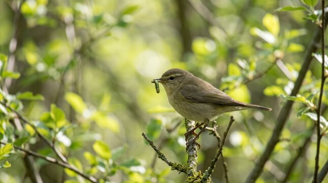 common chiffchaff (phylloscopus collybita) with caterpillar prey on branch