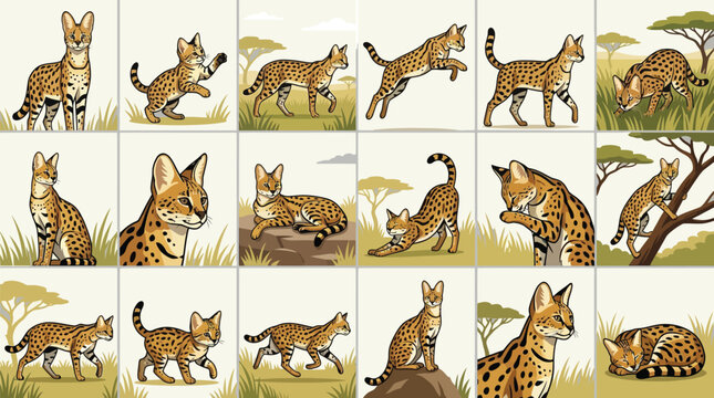 Set of flat vector illustrations showing serval wild cats in various natural poses, activities, and landscapes.