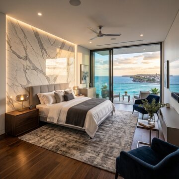 Luxury master suite bedroom with private balcony and panoramic ocean view