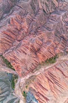 Aerial view of Hornocal rainbow mountain geology, Argentina