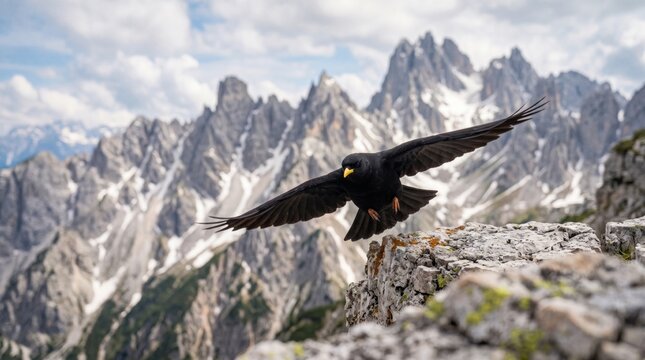 alpine chough (pyrrhocorax graculus) landing on a rocky mountain summit