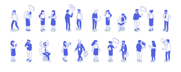 Naklejka na ściany i meble Isometric Business people communicating, working with laptops and phones, walking and making announcements. Blue outline vector character set isolated on white.