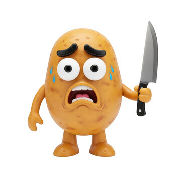 Sad potato character with big eyes crying and holding knife, emotional 3d illustration for fear and anxiety.