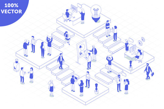 Isometric business workflow concept with office people working on layered platforms, computers, presentation chart and creative light bulb.