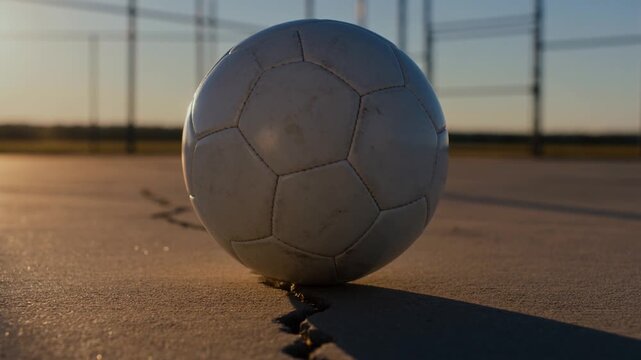 Sunset at a soccer field shows a ball resting on the ground with long shadows and a clear sky