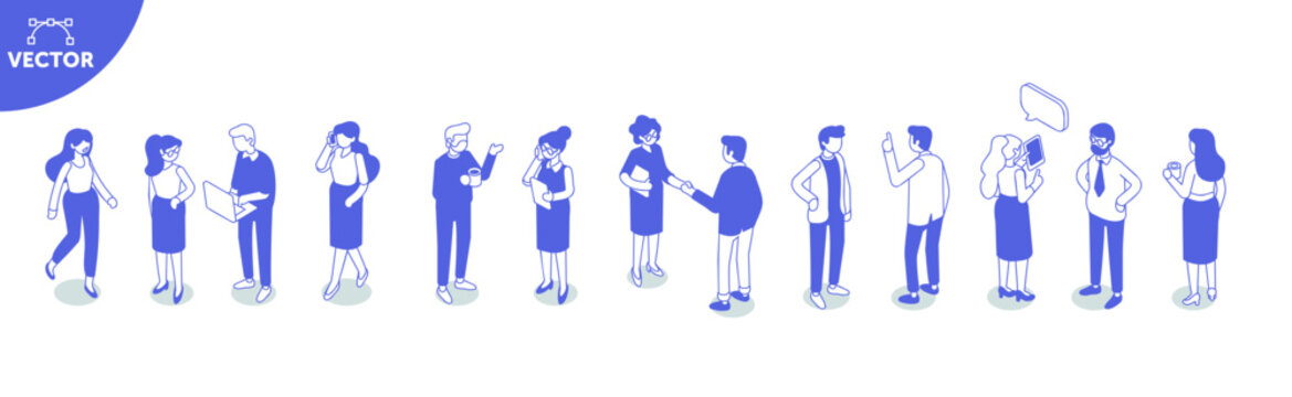 Isometric Business women and men in professional poses, walking, calling, working with laptops, shaking hands and communicating. Blue outline vector banner.