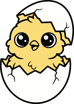 Cute cartoon baby chick hatching from an egg for a fun kids coloring book page illustration activity