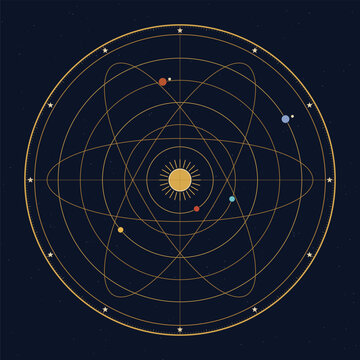 Celestial orrery astrolabe with brass zodiac ring orbiting planets and armillary sphere on starry night, antique astronomy instrument vector for mystical poster and science design