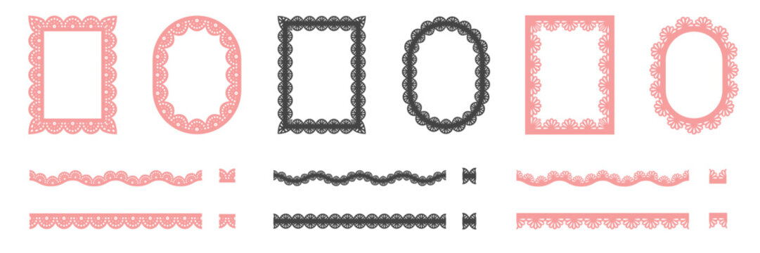 Decorative lace borders and frames in pink and black on white background